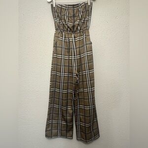 Brown and White Plaid Jumpsuit with High Waist and Wide Legs